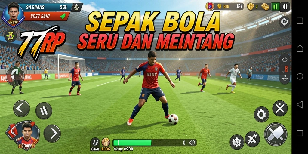 Screenshot gameplay 77RP dengan aksi sepak bola yang mendebarkan.