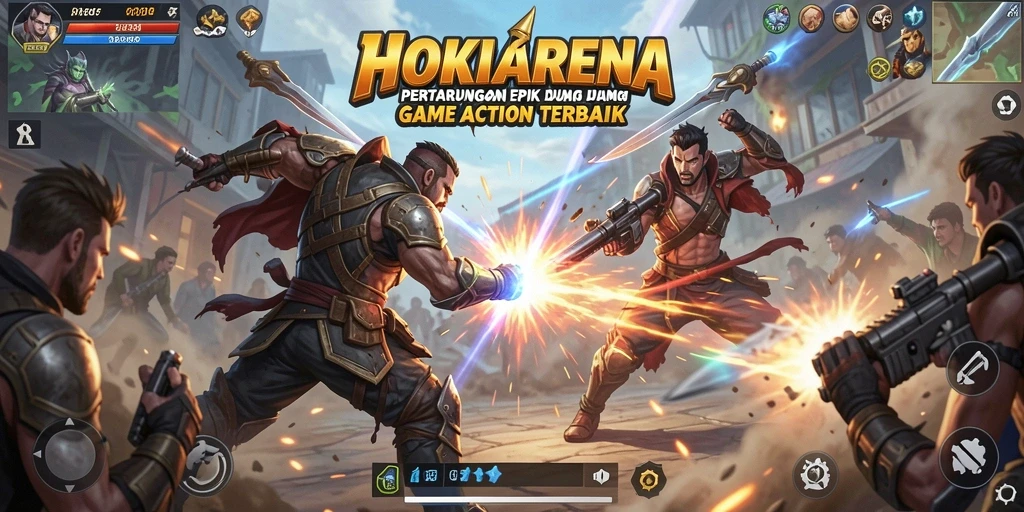 Screeenshot gameplay HOKIARENA menunjukkan pertarungan intens dengan karakter yang beragam.