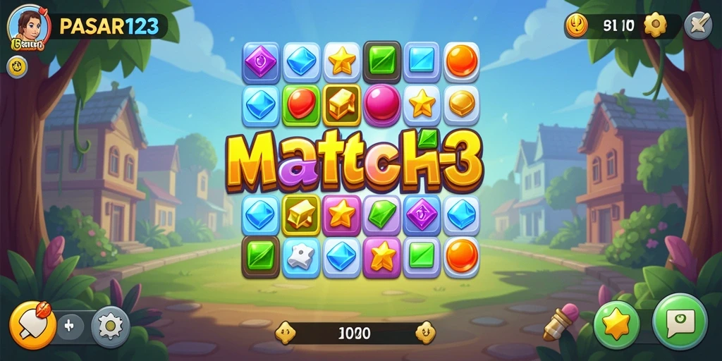 Screenshot dari gameplay seru PASAR123 yang menampilkan tantangan Match-3.