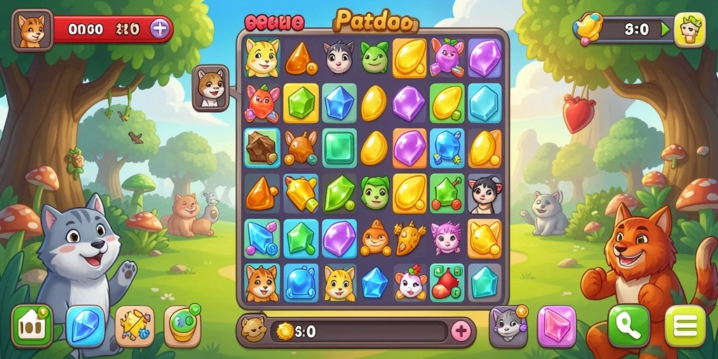 Tampilan gameplay seru dalam RK55 mencocokkan objek yang berwarna-warni.